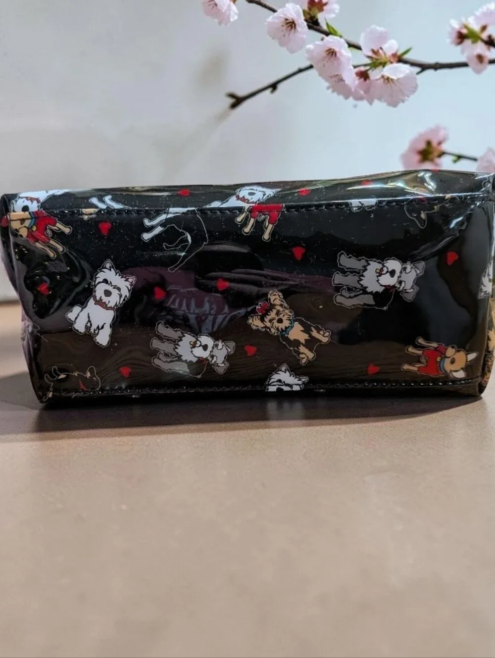 NWT Marc Tetro Black Patent Vinyl Cosmetic Pouch with Dog Print